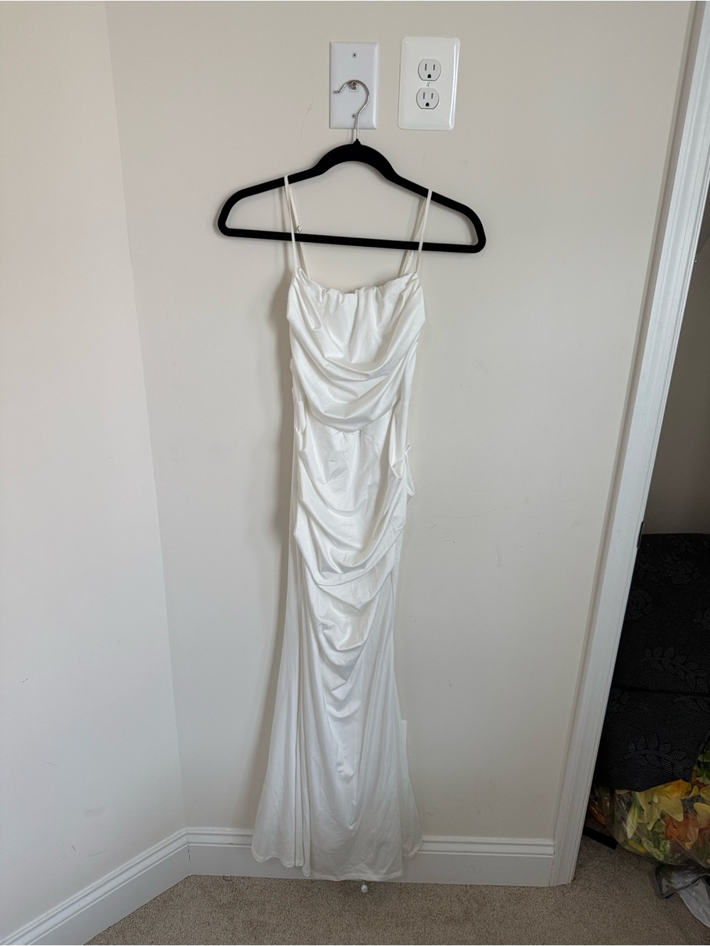 White Ruched Satin Slip Dress with Spaghetti Straps